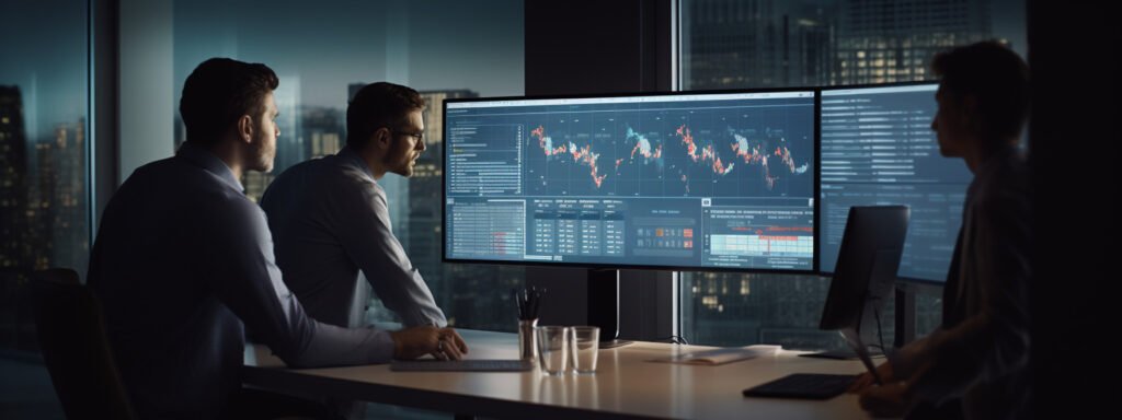 A team in an office discussing scalable reporting